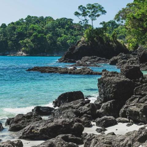 Beach with rocks, sand and rainforest alongside a sparkling blue ocean in Manuel Antonio, Costa Rica.