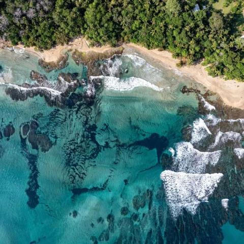 Aerial photograph showing clear blue waters and Costa Rica's forest-lined coast